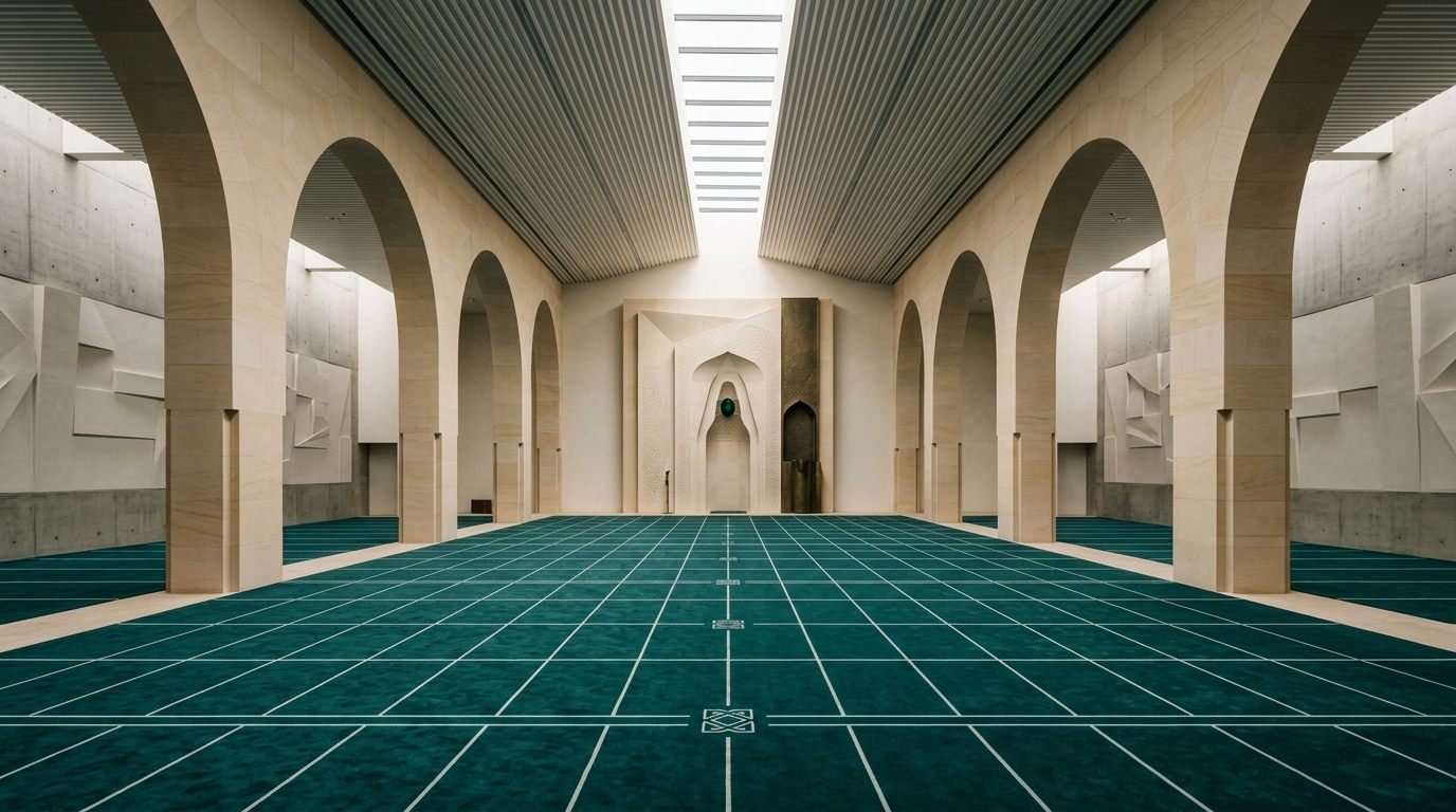 قاعة صلاة بصفوفٍ منتظمة تتّجه نحو المحراب
