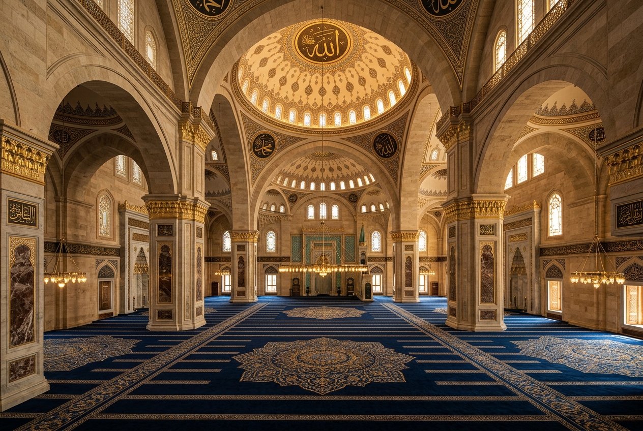 قاعة صلاة بصفوفٍ منتظمة تتّجه نحو المحراب